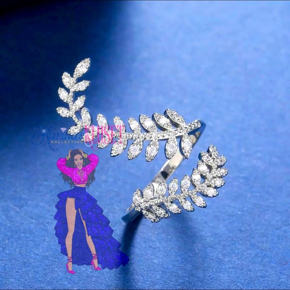 Marquise Fern Leaf Adjustable Ring, Cocktail Ring, S925 Statement Ring - Picture 2 of 5